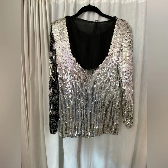 Jean for Joseph Le Bon 100% Silk Sequined Silver & Black Long Sleeve Top Medium - Picture 5 of 9